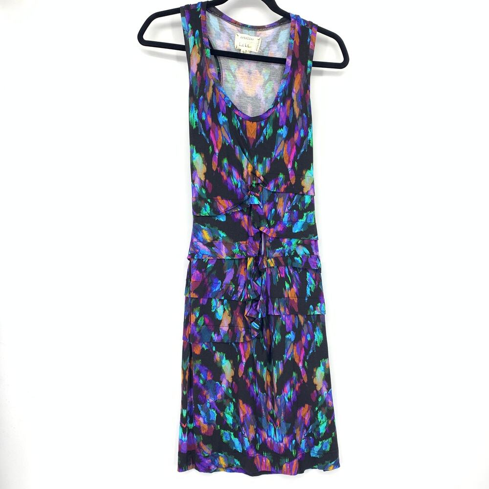 Nicole Miller Artelier Jersey Knit Dress Sz P XS Abstract Multicolor Scoop Neck